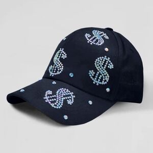 Navy Dollar Rhinestone Crystal Brimmed Baseball Cap Hat Fashion Bling Money